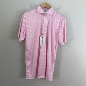 NEW Collars & Co Mens Medium Dress Collar Polo Shirt Semi Spread Pink Gingham